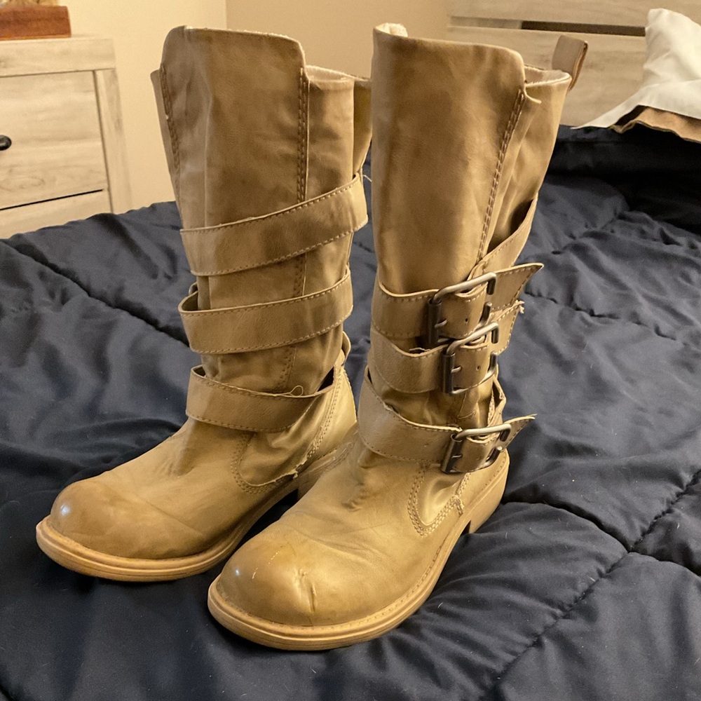 Tan Buckle Strap Boots